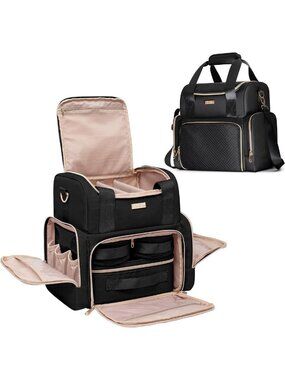 Spacious Double Layer Travel Makeup Organizer - Large Black Cosmetic Bag
